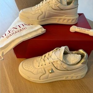 New Valentino Garavani White and Gold Leather Sneakers